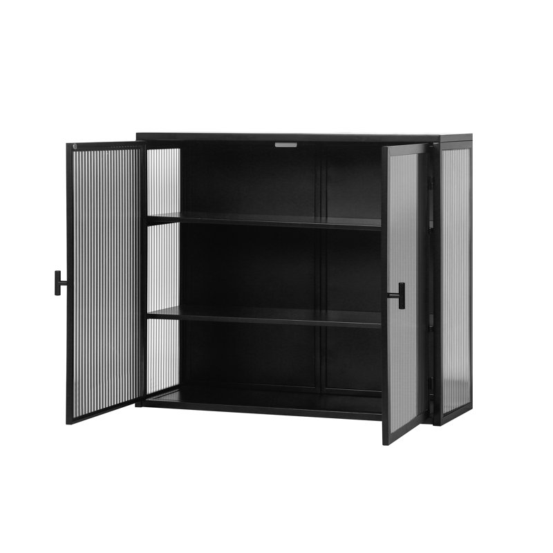 Armoire murale moderne à deux portes en verre 27,56 po avec trois niveaux de rangement pour le vestibule, Noir