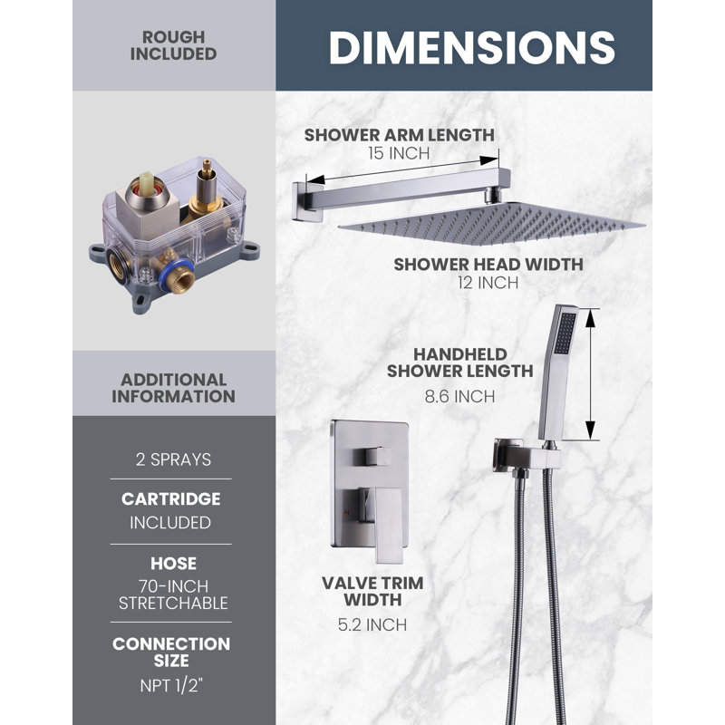 12 po Pomme de douche murale et douche à main avec valve brute de 1,8 GPM incluse, Acier Inoxydable