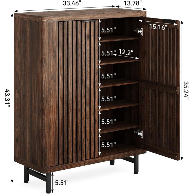 6-Tier Shoe Cabinet With Doors For Up To 24 Pairs, Large Wooden Shoe Storage Cabinet With Adjustable Shelves, Retro Freestanding Shoe Organizer Cabinet For Entryway, Hallway, Dark Walnut