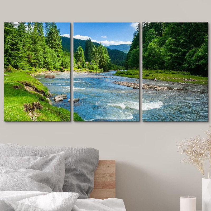 «Landscape with Mountains Trees a River in Front», ensemble de 3 reproductions sur toiles tendues