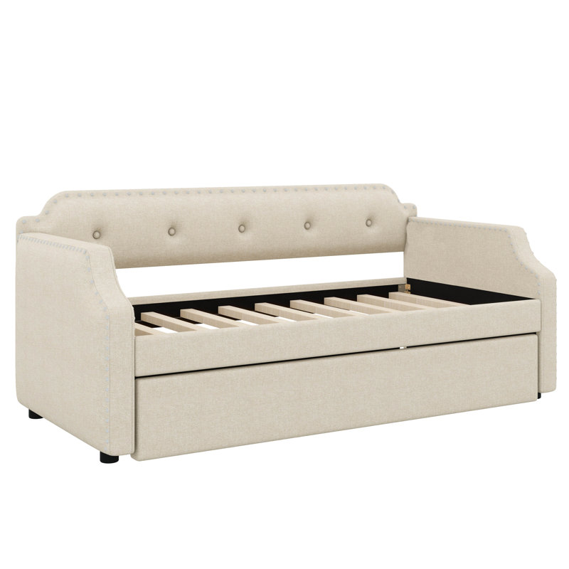 Twin Size  Linen Upholstered Daybed Sofa Bed With Pull-Out Trundle Design, Beige