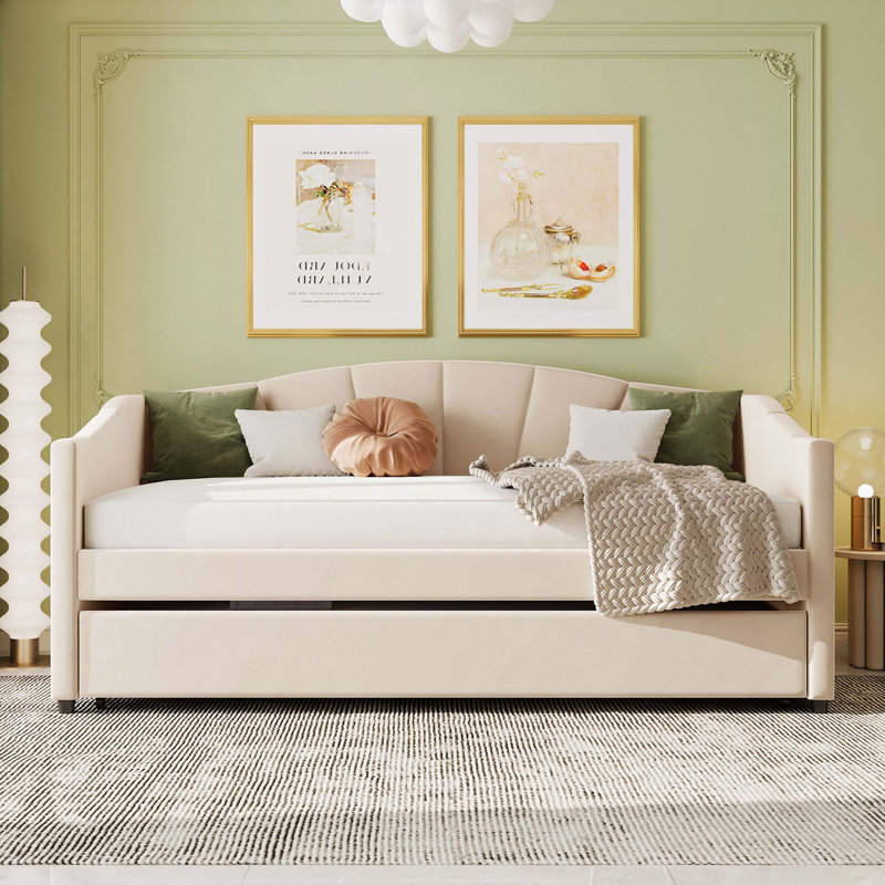 Lit de jour rembourré avec deux tiroirs, Beige