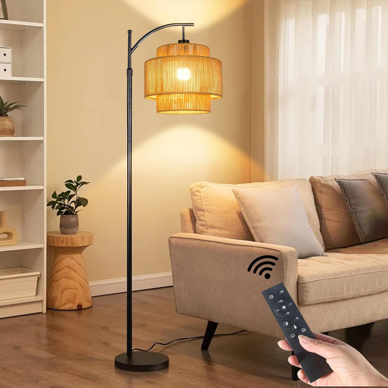 Lampe sur pied en rotin pour salon Chambre à coucher Lampe sur pied Boho avec télécommande à intensité variable noir