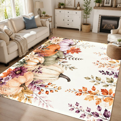 Tapis décoratif automnal à motif floral citrouille, imprimé aquarelle de citrouilles et de feuilles d'automne, antidérapant et lavable, idéal pour l'entrée, le salon, la cuisine ou la chambre à coucher. Convient également à la décoration intérieure.