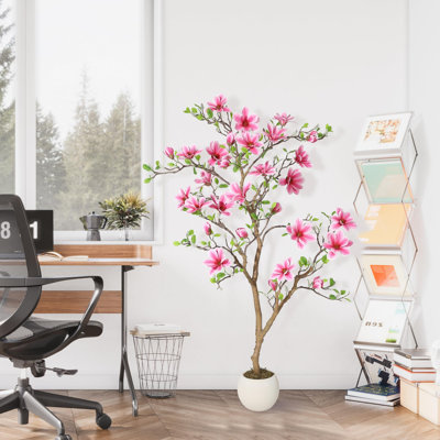 5' Artificial Pink Magnolia Tree in Pot, Realistic Faux Flowering Tree with Silk Blossoms for Living Room, Bedroom, Office and Entryway Decor
