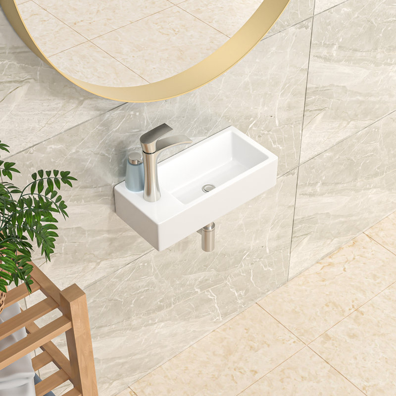 Petit lavabo de salle de bain mural mural en céramique blanc lustré flottant avec trou de robinet gauche 14,5 "L x 7" l