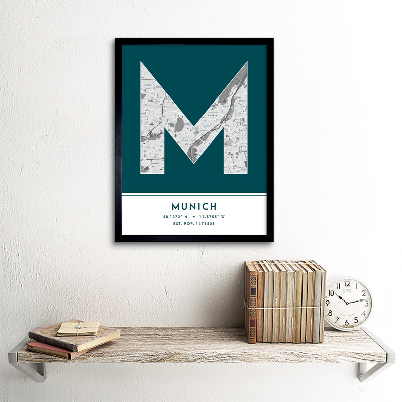 Munich Germany City Map Teal - Single Picture Frame Typography