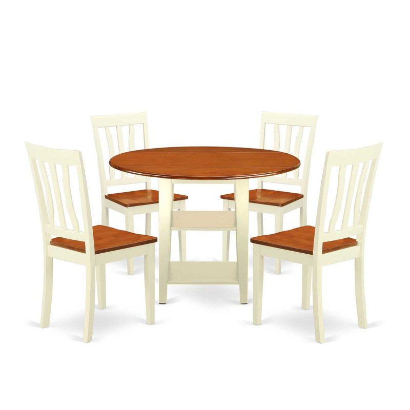 3-Piece Buttermilk and Cherry Finish Round Solid Wood Top Dining Table Set, 5