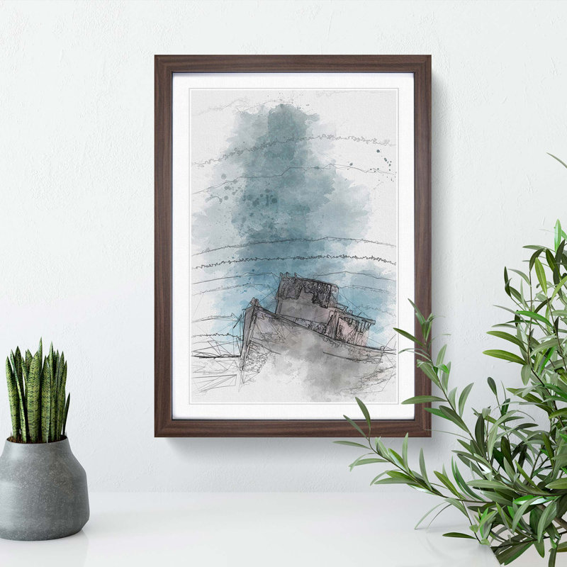 Stranded Boat upon the Beach in Abstract - Picture Frame Graphic Art Print, Walnut Framed, 48cm H x 36cm W x 2cm D