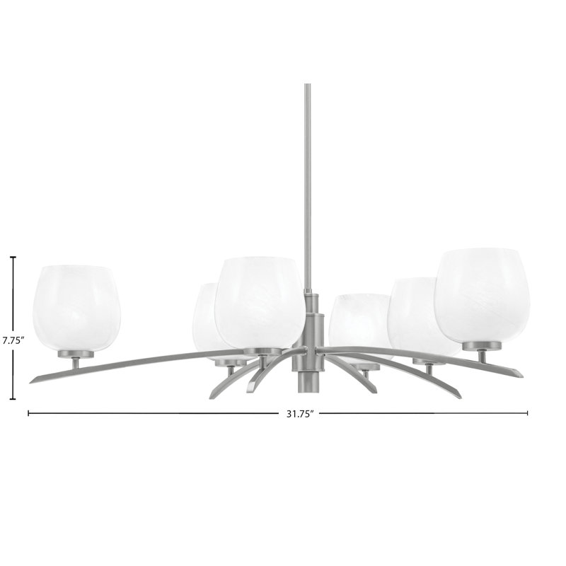 Lustre 6 lumières kurve illustré en finition graphite avec verre de 6 po, Blanc