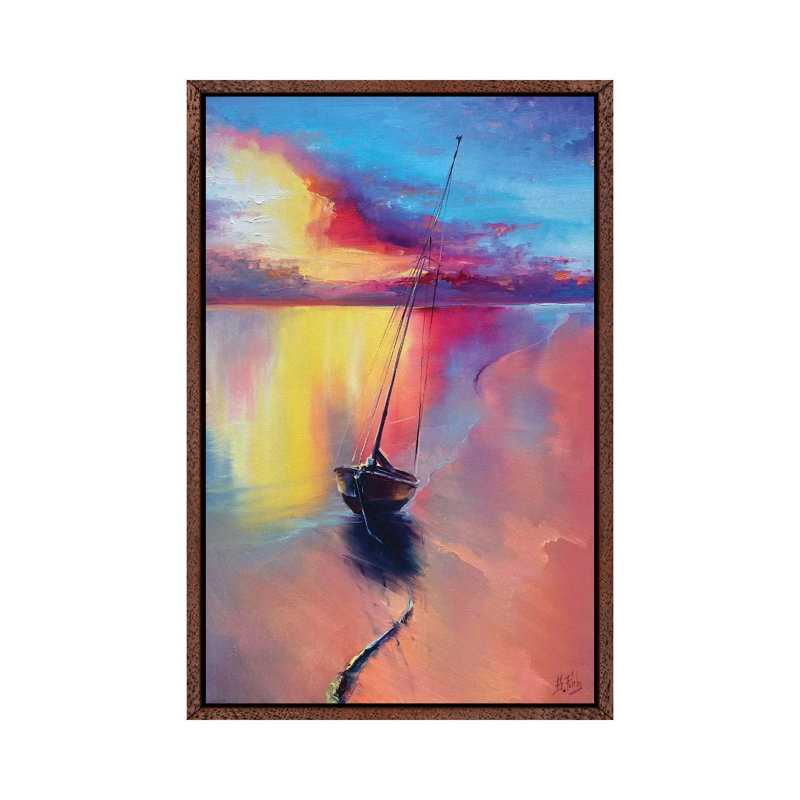 Sunset At The Sea by Bozhena Fuchs - Painting on Canvas, Classic Brown Wood Framed, 101.6cm H x 66.04cm W x 3.81cm D