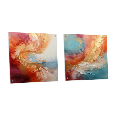 «Gold», rose, désert, mirage en spirale - ensemble de 2 peintures murales abstraites en acrylique