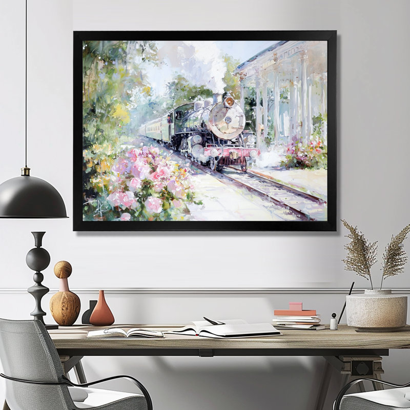 Trains, scène amusante de jardin excentrique II - train, art mural, Reproduction encadrée d'une seule photo sans pass, Noir