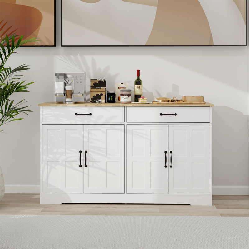 55.91" Large Farmhouse Buffet Cabinet Storage Sideboard With 2 Drawers And 4 Doors For Dining Living Room Kitchen Cupboard-White