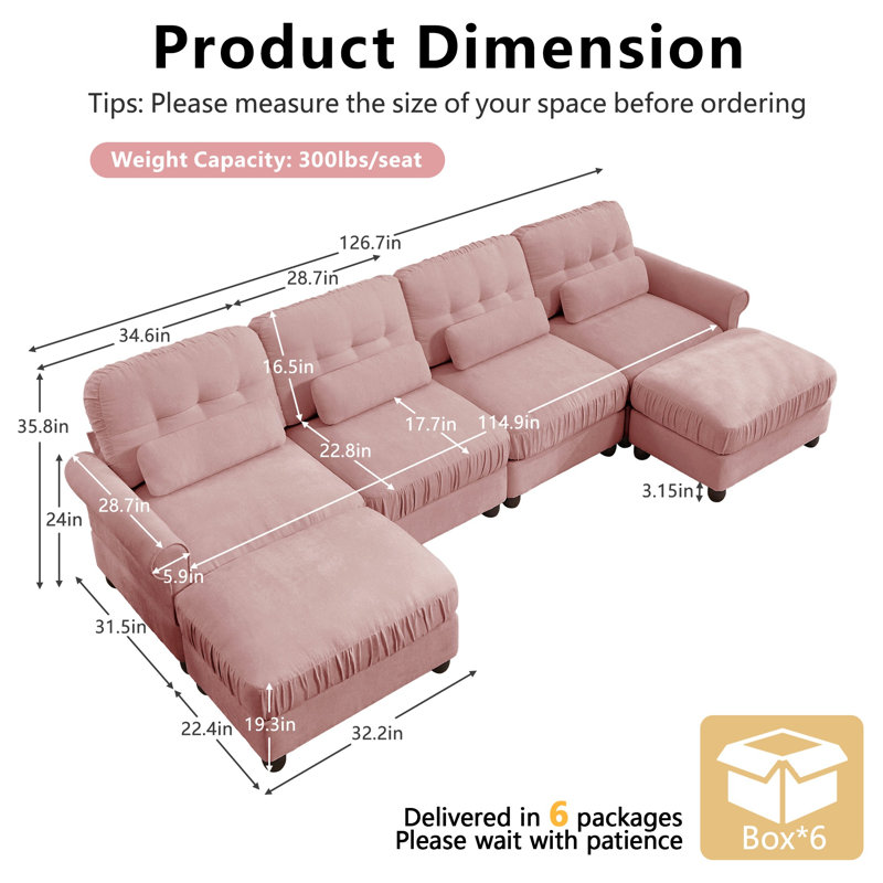 Canapé d'angle modulaire Rovesselle 4 places en chenille de 126,7 pouces de large, en forme de U, avec 2 poufs amovibles, coussins à volants et coussins lombaires