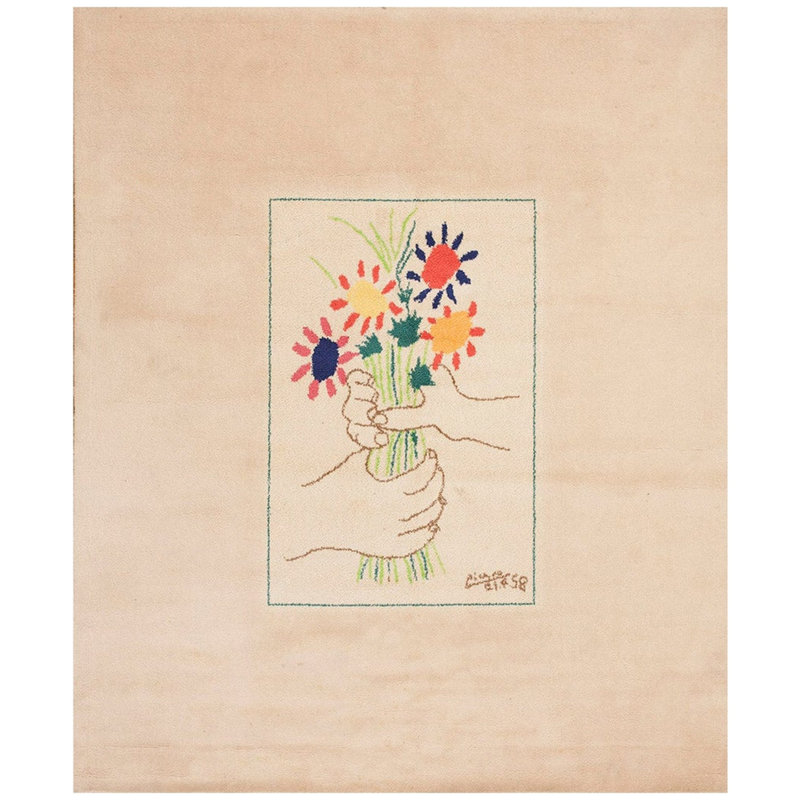 1960s Artistic Ivory Cream Art Moderne Pablo Picasso Bouquet of Peace Design Rug