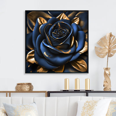 Gilded Rose In Kings Blue II - Floral Rose Print on Wood