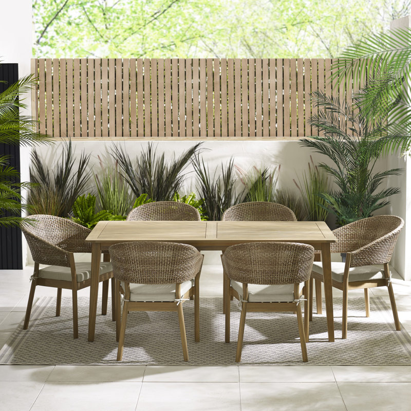 Ronja Solid Wooden Garden Outdoor Table Set With Wicker Dining Chairs - Modern Boho Style, 6