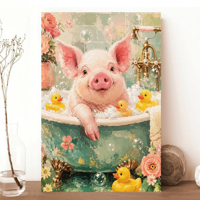 Canvas Wall Art Cute Pig In Bathtub With Rubber Ducks And Flowers Vintage Poster Print Home Decor