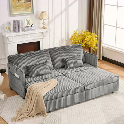 73"Convertible Sofa Bed,Pull Out Bed,3-in-1 Sofa with Side Pocket& USB Ports,Modern Corduroy Couch for Living Room, Small Space, Apartment, Bedroom, Grey