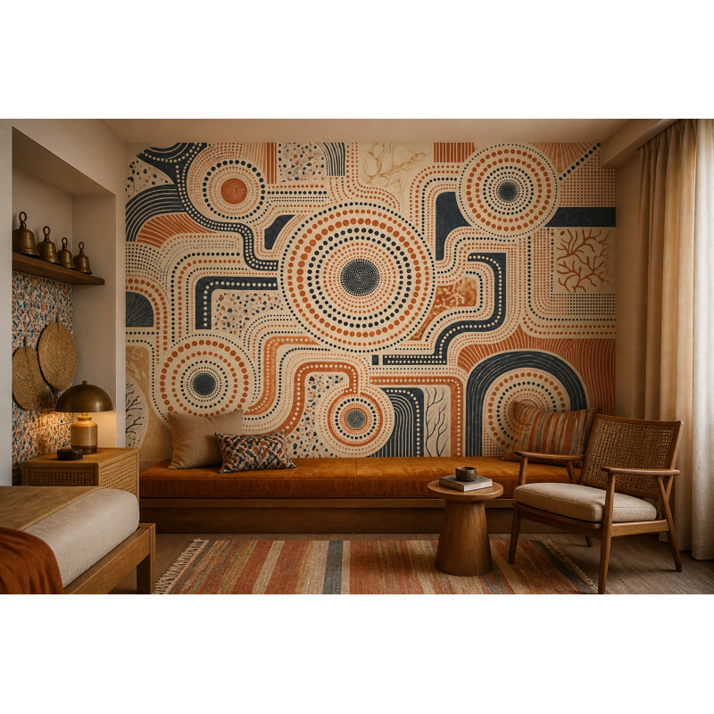 Papier peint abstrait cercles terre cuite, 120 po x 96 po, Peler et coller