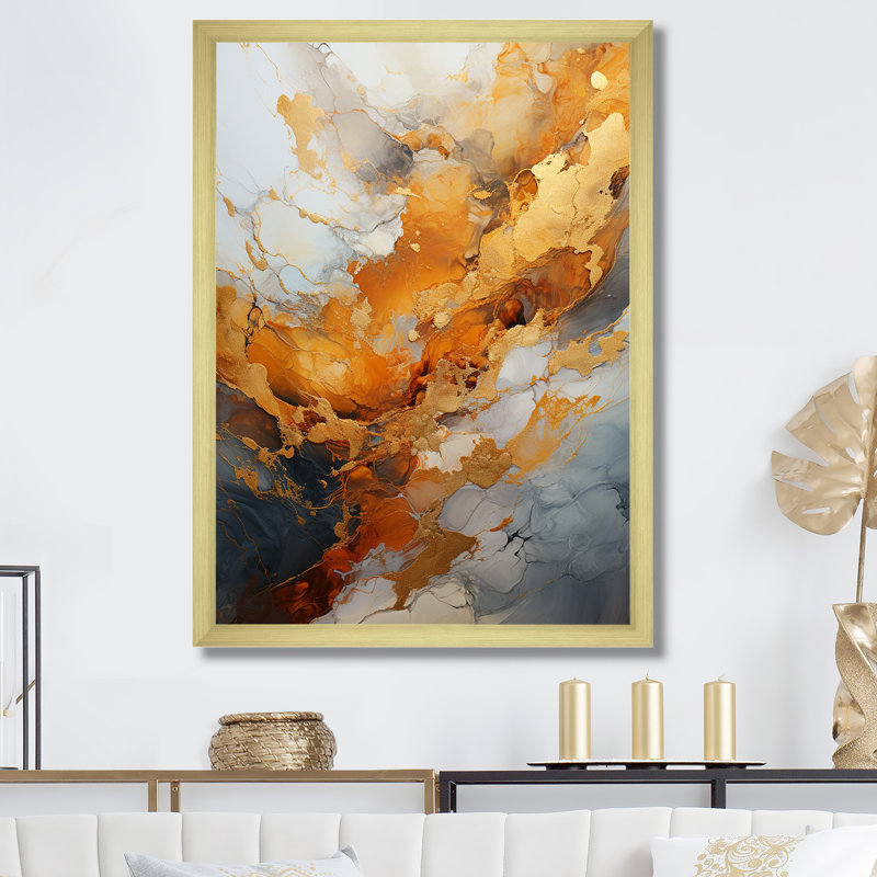 Art mural doré et blanc Geode Lava III, Cadre doré simple, H 40 po x l 30 po x P 1,5 po