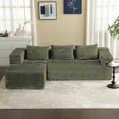 Boneless L-Shaped Deep Seat Modular Sectional Sofa, Corduroy Upholstered Cloud Boneless Couches With Side Pockets