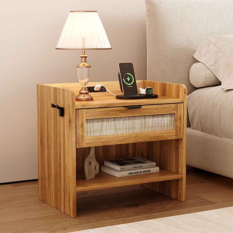 Night Stand with 1 Drawer, Open Shelf & Rattan Pattern Design for Bedroom, Office, or Side Table, Brown
