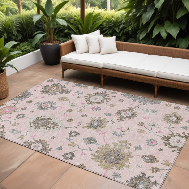 Tapis lavable intérieur / extérieur ivoire 9 pi x 12 pi floral