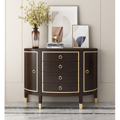 Modern Luxury Solid Wood Curved Sideboard, Gold Inlay 4 Drawer 2 Cabinet Half Moon Console Table, Large Storage Freestanding Entryway Buffet Cabinet