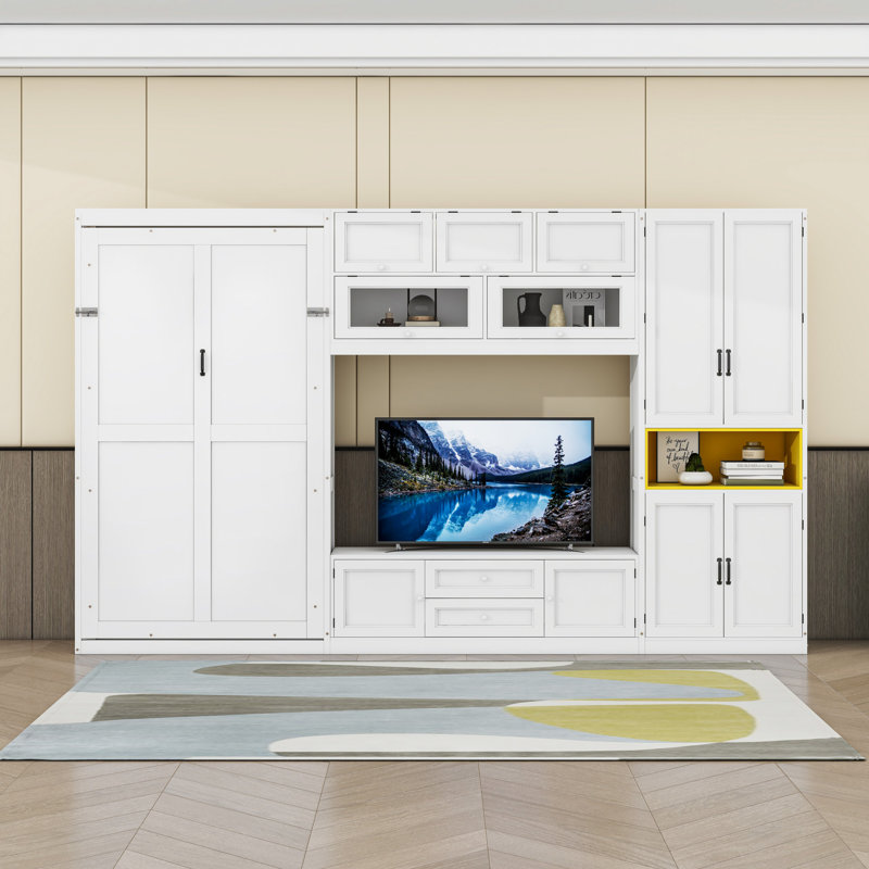 Lit escamotable simple en bois avec meuble télé et tiroirs de rangement intégrés, Blanc
