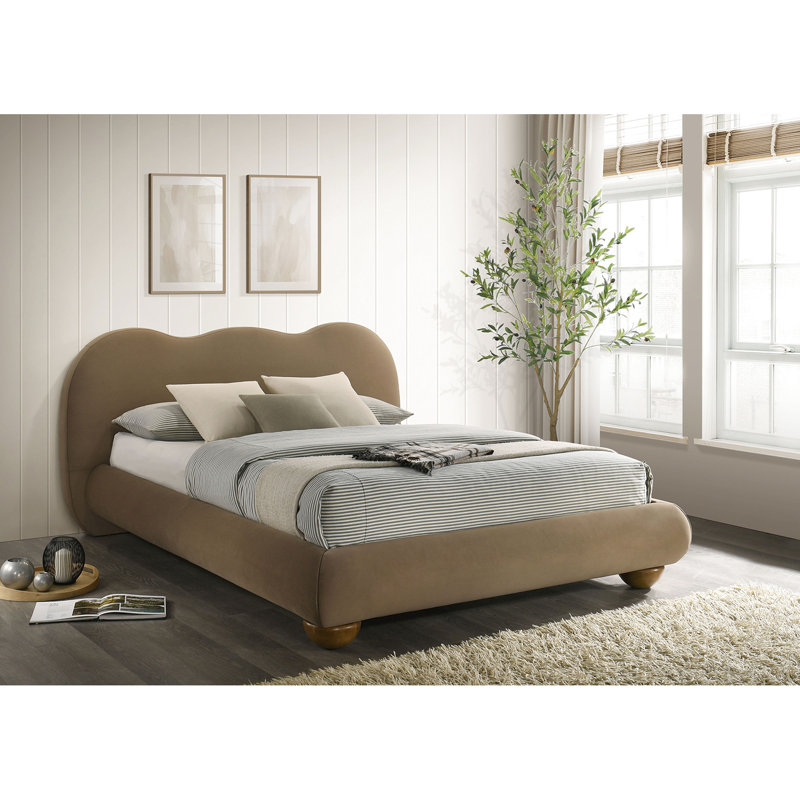 Très grand lit brun oriental avec pieds en bois rembourrés et bouclés, style contemporain, King, Brown