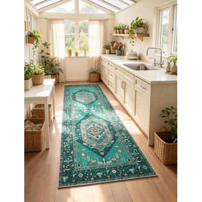 Teal Boho 3x7 Hallway Runner Non-Slip Washable Vintage Tribal