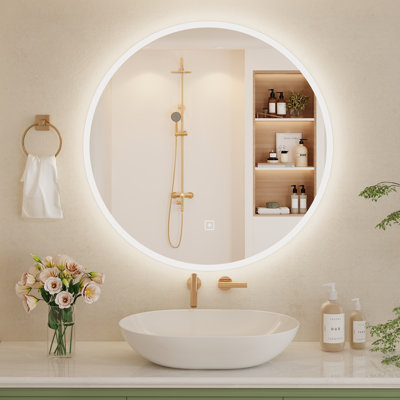 Miroir de salle de bain 31,5 "x 31,5" à DEL, miroir de meuble-lavabo rond avec lumières et interrupteur tactile