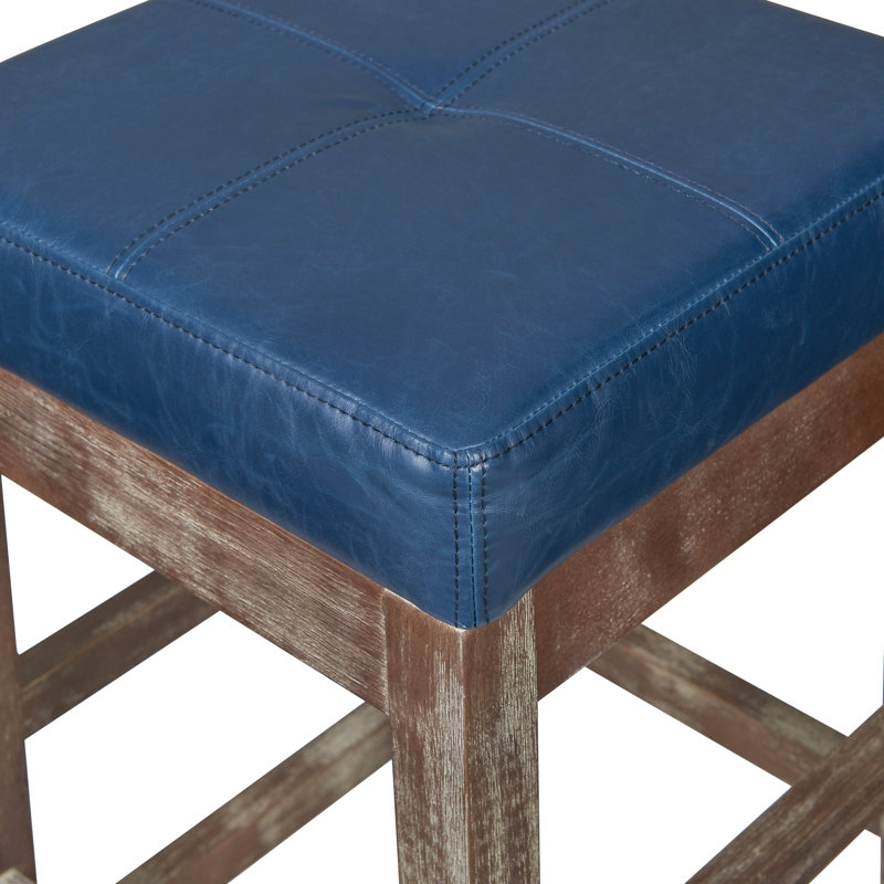 Kimberling Upholstered Faux Leather Counter Stool with Solid Wood Frame, Drift Wood, Vintage Blue