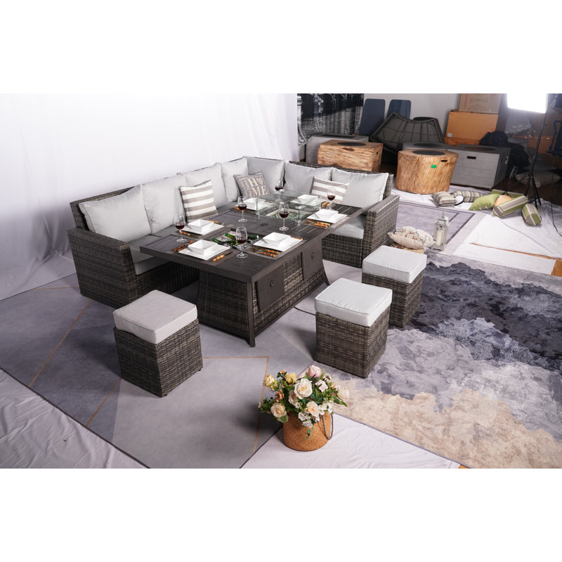 5 - Person Wicker Patio Dining Set with Square Table , Cushions Included, Gray
