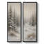 «Snowy Evergreen Forest Landscape with Deer and Misty Winter Scenery», art mural pour salon, chambre à coucher, chalet, bureau, entrée, couloir - ensemble de 2 reproductions d'art encadrées sur toile 60 po x 20 po x 2-132950783-132950782
