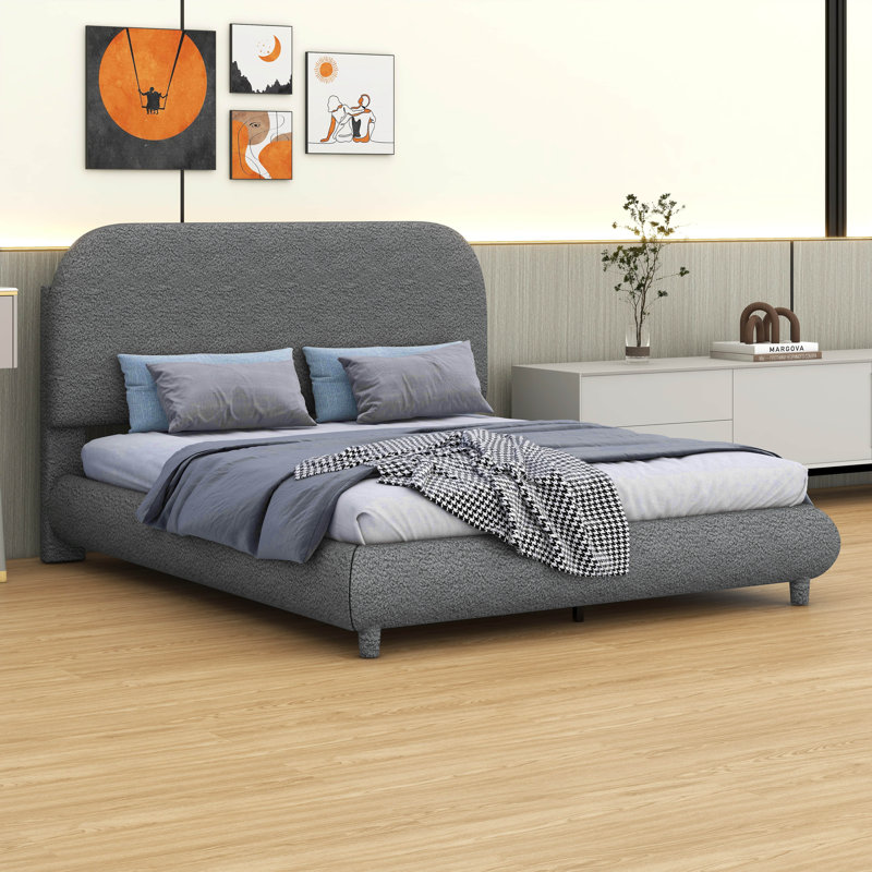 Lit plateforme en tissu d'ameublement Teddy, Gris, Double