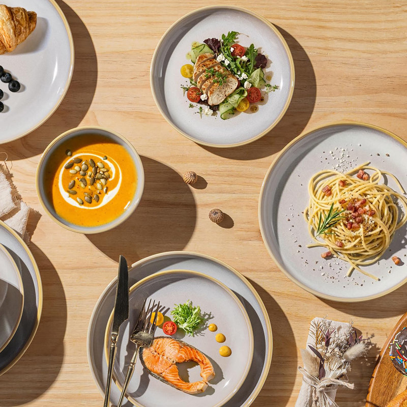 Service de table en céramique 12 pièces pour 4 personnes - Ensemble de bols et assiettes en porcelaine légère | Résistant aux égratignures | Va au four, au micro-ondes et au lave-vaisselle