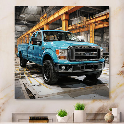 Teal Pickup Truck Industrial Drive - Transportation Canvas Wall Art