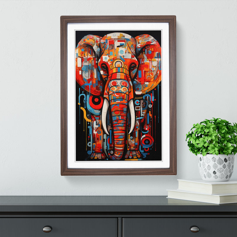 Elephant Constructivism No.3 - Single Picture Frame Print on Wood, Walnut Framed, 64cm H x 46cm W