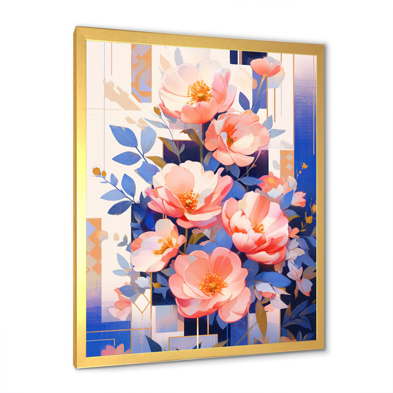 Pivoines, charme serein sur toile, Encadrement doré, H 32 po x l 16 po x P 1 po