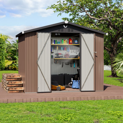 8 Ft. W x 6 Ft. D Galvanized Steel Frame Metal Storage Shed with Dual Lighting (Solar & Handheld) - Brown