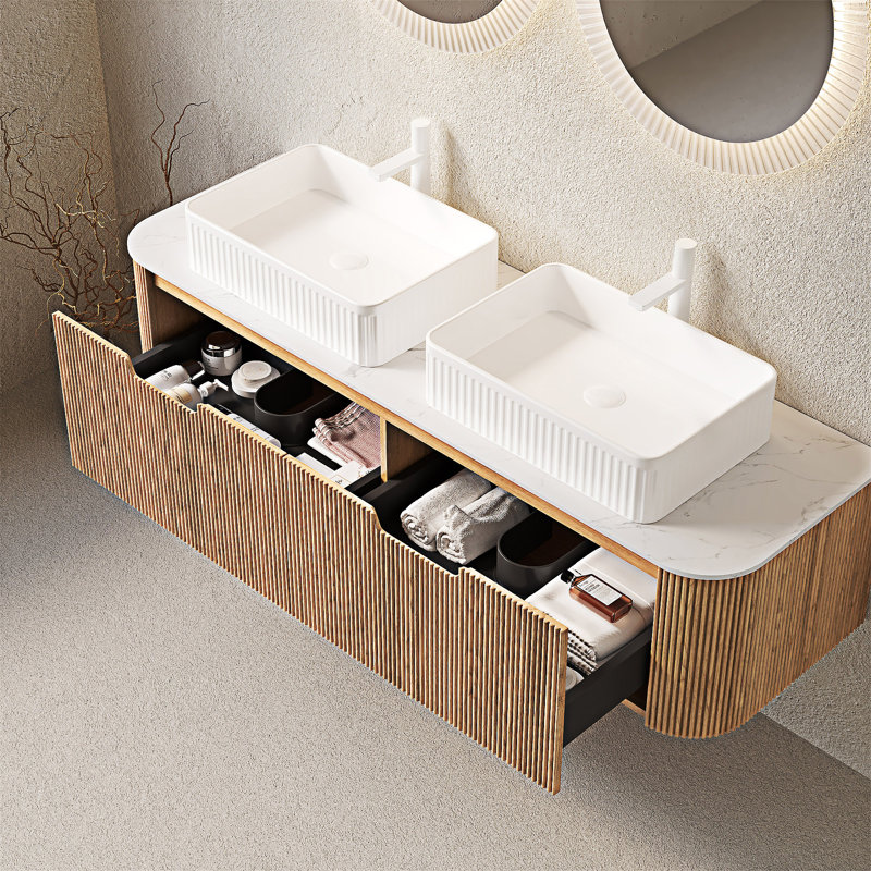 Meuble-lavabo mural avec lavabos, Natural Wood