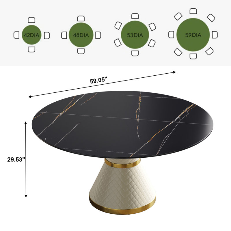 Modern Round White Pedestal Dining Table, Black, 29.53" H x 59" L x 59" W