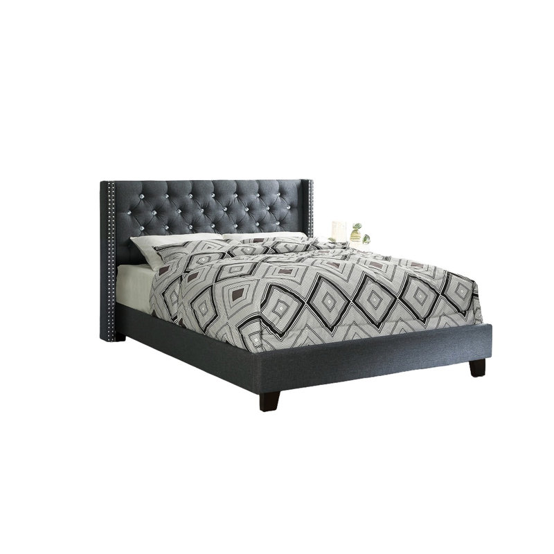 Blue Gray Contemporary Full Size Bed With Diamond Headboard, Plastic Legs, 12 - Slat System, Plywood, Full