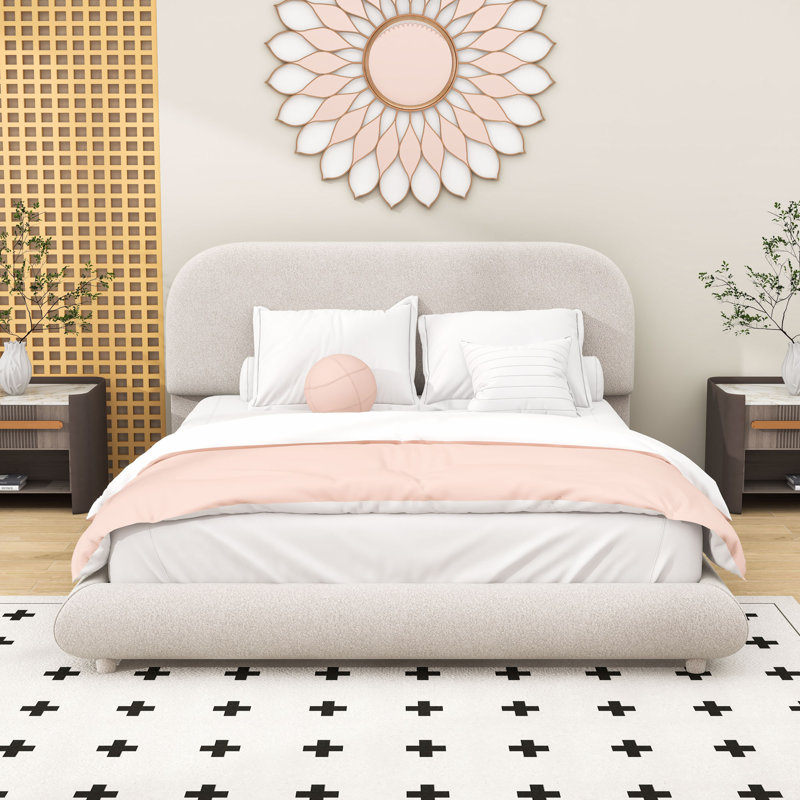 Lit plateforme tapissier Luxurious Teddy, Beige, Grand lit