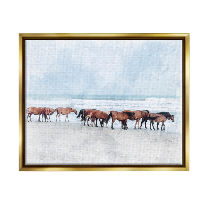 Toile de cheval sur une plage flottante, H 17 po x l 21 po x P 1,7 po, Toile avec cadre flottant or