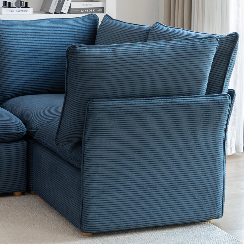 Hepworth Dejohn Corduroy Sectional Sofa With Solid Wood Legs, Blue Corduroy, 36" H x 125" W x 62.5" D