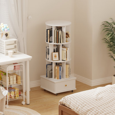 3-Tier Rotating Bookcase with Wheels and Drawers, 360° Swivel Corner Bookshelf, Solid Wood Storage Tower with Lockable Casters, Narrow Spinning Organizer for Living Room, Bedroom(White)